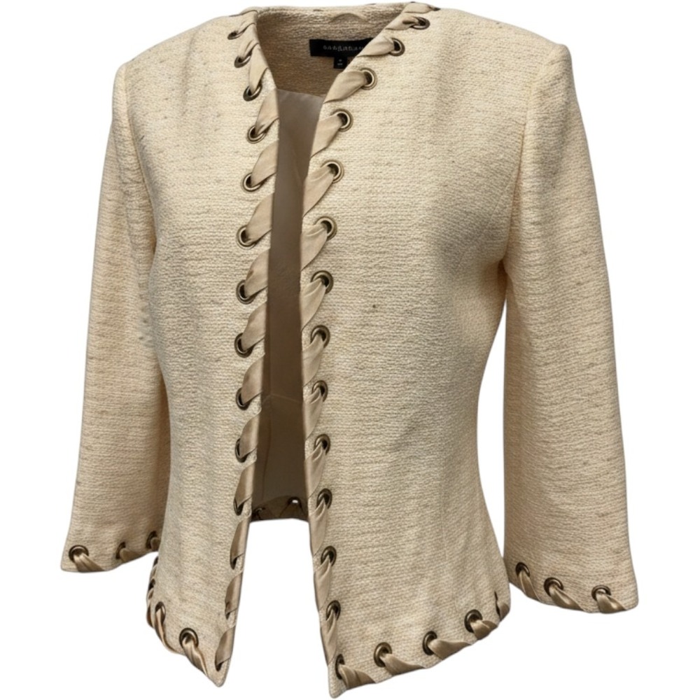 St John Collection Ribbon Grommet Knit Jacket Ivory Womens 10 Cream